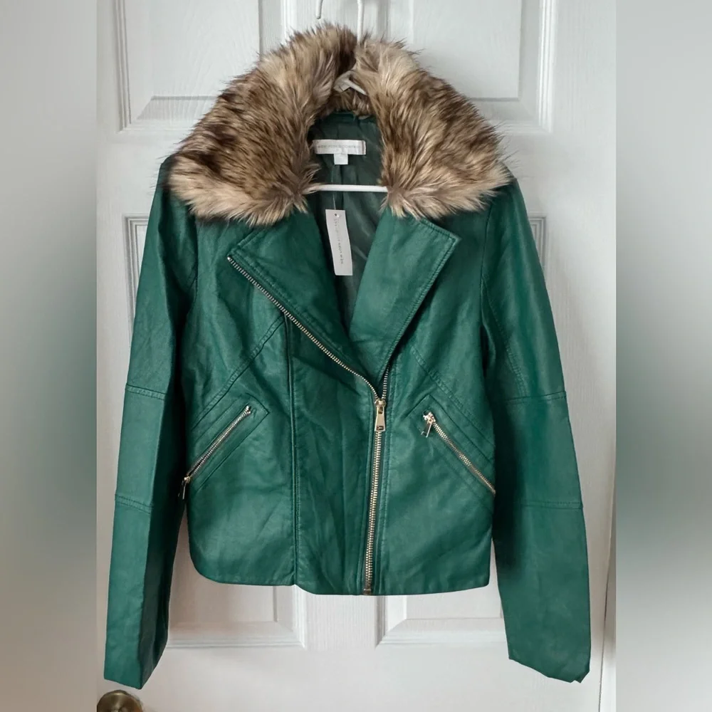 New York & Company Emerald Green Faux Leather Moto Jacket with Faux Fur Trim